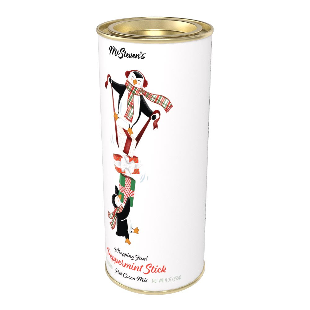 Penguins "Wrapping Fun" Peppermint Stick Cocoa (9oz Round Tin)